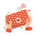 Hand Wrapping Present as DIY Gift for Valentine Vector Illustration