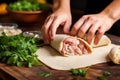 hand wrapping a rolled pita bread with chicken filling