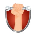 Hand with wrench key in shield Royalty Free Stock Photo