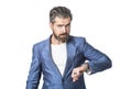 Hand in with wrist watch in a business suit. Elegant handsome man in suit. Sexy male, brutal macho, hipster. Handsome Royalty Free Stock Photo