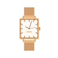 Hand wrist watch design with gold bracelet, angled dial, arrows. Elegant wristwatch. Jewelry clocks, watches with metal