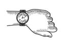 Hand with wristwatch coffee time sketch engraving