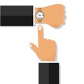 Hand with a wristwatch. The finger points to the clock