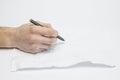 Hand writes in black pen in an open notebook. On white background Royalty Free Stock Photo