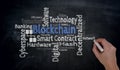 Hand writes blockchain cloud on blackboard concept Royalty Free Stock Photo