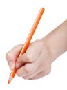 Hand writes by orange pencil isolated Royalty Free Stock Photo