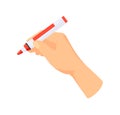 Hand writes with red highlighter. Marker in arm for text or autograph, cartoon vector illustration Royalty Free Stock Photo