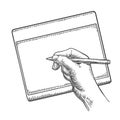 Hand writes on the tablet stylus. Vector black vintage engraving