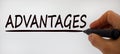 Hand writing `advantages`, on beautiful white background. Concept