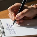 A hand is writing with a black pen on a spiral-bound notebook Royalty Free Stock Photo