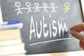 Hand writing on a blackboard in a class with the word AUTISM written on.