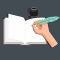 Hand Writing on Book with Feather Pen and Inkwell in flat illustration vector Royalty Free Stock Photo