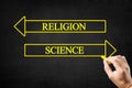 Religion vs Science Opposite Arrows Concept.