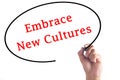 Hand writing Embrace New Cultures on transparent board