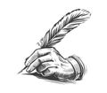 Hand writing with a feather. Illustration drawn in vintage engraving style