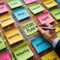 A hand writing future plan on colorful sticky notes on a wooden board with various words Royalty Free Stock Photo