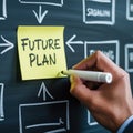 Hand writing future plan on yellow sticky note attached to blackboard with arrows and boxes Royalty Free Stock Photo