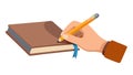 Hand writing in a hardcover book with a pen: study & annotation, vector design Generative AI Royalty Free Stock Photo