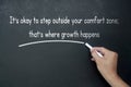Hand writing It is okay to step outside your comfort zone affirmation on black board