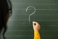 Hand writing question marks on the background of boards. Royalty Free Stock Photo