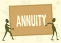Text caption presenting Annuity. Word for fixed sum of money paid to someone each year Series of payments Two Colleagues