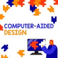 Hand writing sign Computer Aided Design. Business idea CAD industrial designing by using electronic devices Cartoon