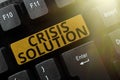 Sign displaying Crisis Solution. Concept meaning process by which an organization deals with a disruptive Royalty Free Stock Photo