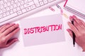 Hand writing sign Distribution. Concept meaning the behavior of several recipients sending something out Royalty Free Stock Photo