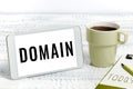 Hand writing sign Domain. Business approach identification string that defines a realm of administrative autonomy Phone