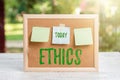 Hand writing sign Ethics. Word Written on the moral philosophy or code of morals practiced by a person Writing Important