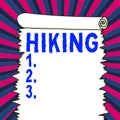 Hand writing sign Hiking. Business concept walk for long distance especially across country on foot Kind sport