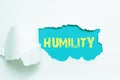 Hand writing sign Humility. Word for being Humble is a Virtue not to Feel overly Superior