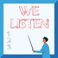 Sign displaying We Listen. Word Written on Group of showing that is willing to hear anything you want to say Instructor
