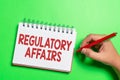 Text showing inspiration Regulatory Affairs. Concept meaning the desire of governments to protect public health Royalty Free Stock Photo