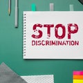 Hand writing sign Stop Discrimination. Word Written on Prevent Illegal excavation quarry Environment Conservation Royalty Free Stock Photo