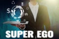 Hand writing sign Super Ego. Word for The I or self of any person that is empowering his whole soul Hand Using Big Royalty Free Stock Photo