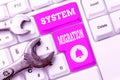 Hand writing sign System Migration. Word Written on moving from the use of one operating environment to another Typing Royalty Free Stock Photo