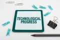 Hand writing sign Technological Progress. Conceptual photo overall Process of Invention Innovation Diffusion Royalty Free Stock Photo