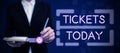 Text sign showing Tickets. Conceptual photo small paper bought to provide access to service or show Royalty Free Stock Photo