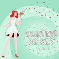 Hand writing sign VALENTINES DAY SALE. Word for Discounted items during Valentines Day Woman blowing bunch of flowers