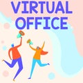 Hand writing sign Virtual Office. Business concept Virtual Office Illustration Of Partners Jumping Around Sharing