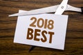 Hand writing text caption inspiration showing 2018 Best. Business concept for Choice Review Written on note, wooden back with colo Royalty Free Stock Photo