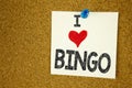 Hand writing text caption inspiration showing Bingo concept meaning Lettering Gambling to Win Price Success and Love written on st Royalty Free Stock Photo