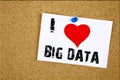 Hand writing text caption inspiration showing I Love Big Data concept meaning storage network online server loving written on stic