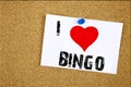 Hand writing text caption inspiration showing I Love Bingo concept meaning Lettering Gambling to Win Price Success Loving written Royalty Free Stock Photo