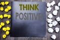 Hand writing text caption inspiration showing Think Positive. Business concept for Positivity Attitude Written on notepad note not Royalty Free Stock Photo