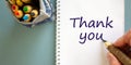 Hand writing `thank you`, isolated on blue background. Bag with pencils Royalty Free Stock Photo