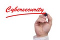 Hand writing the word cybersecurity and underlining it