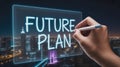 A hand writing future plan on a digital screen with a cityscape background at night Royalty Free Stock Photo