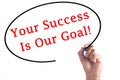 Hand writing Your Success Is Our Goal on transparent board Royalty Free Stock Photo